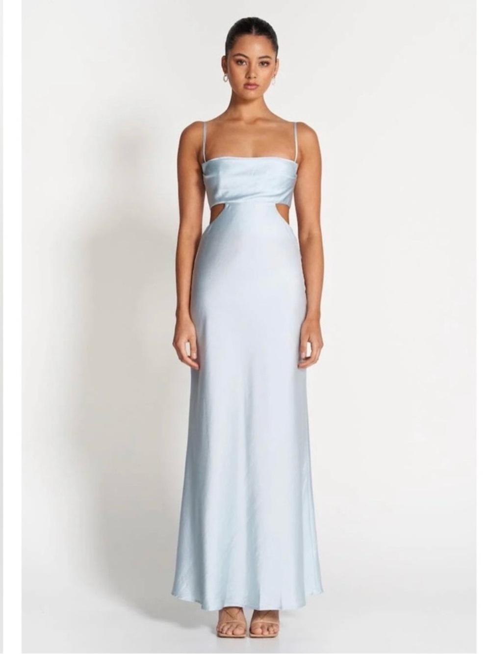 NWT SOFIA THE LABEL Leah Cutout Silk Gown Maxi Dress Formal Cowl Neck Ice Blue L